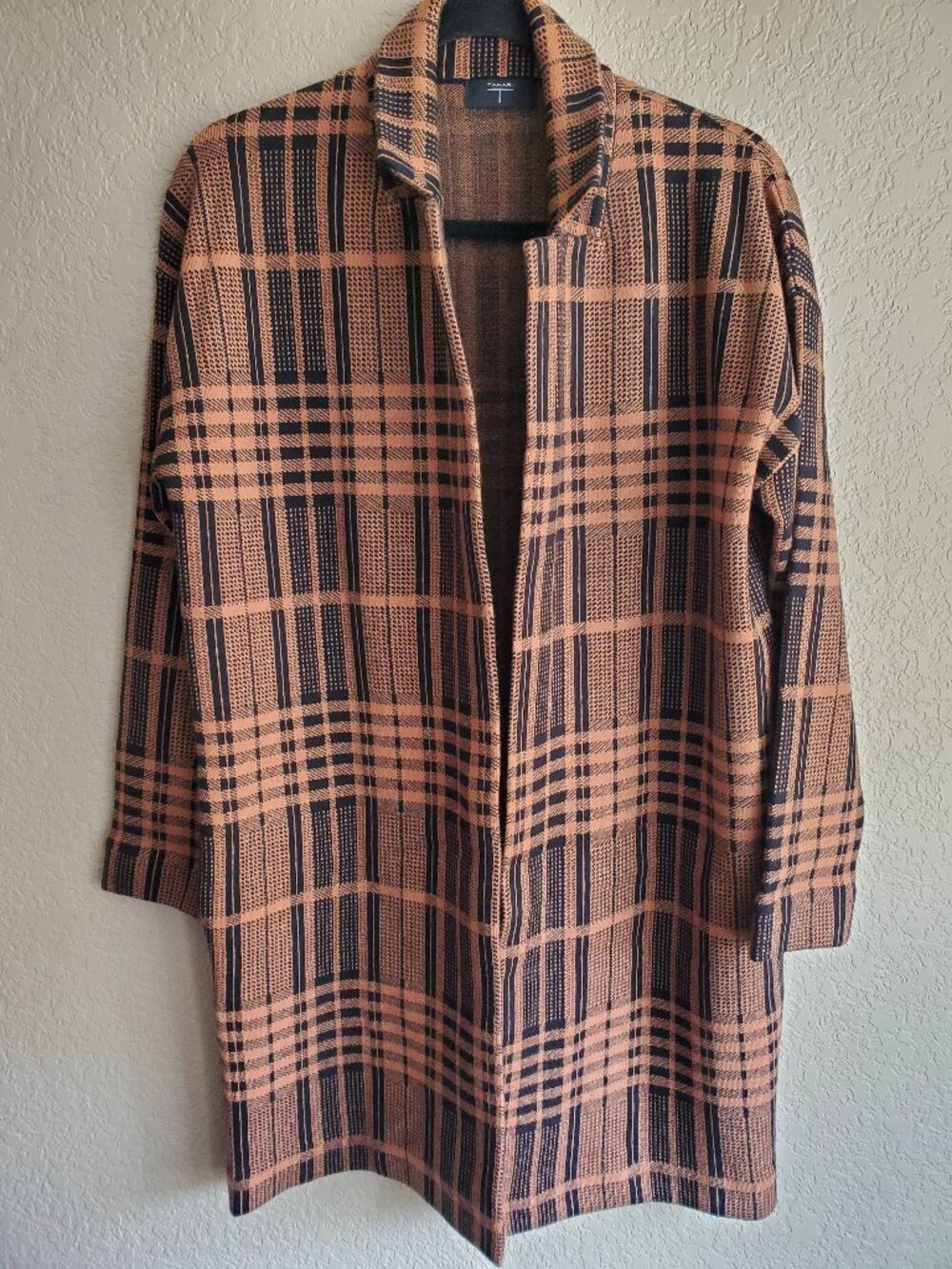 Tahari Open Front Plaid Cardigan Black Camel Knit Pockets Minimalist Layering M